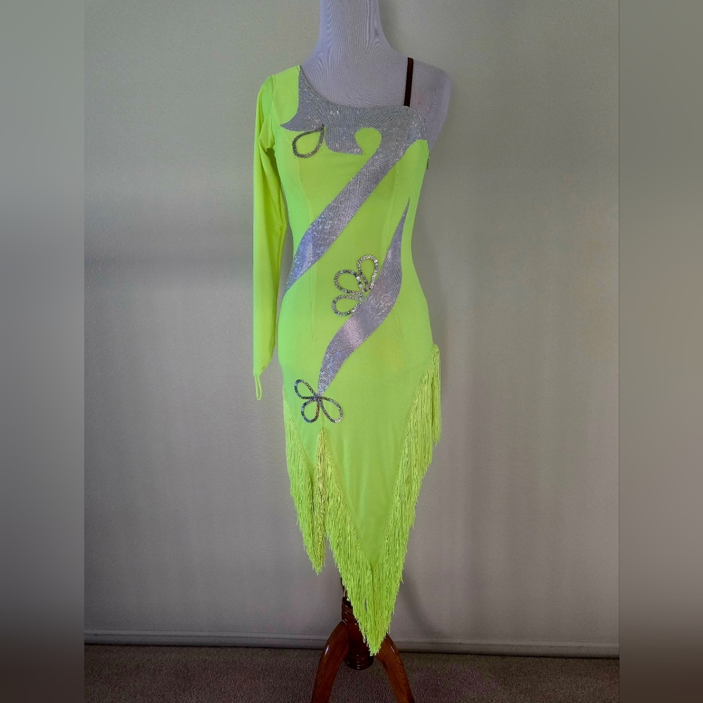 Lime Green Asymmetrical Party/ Dance Dress with Silver Accents